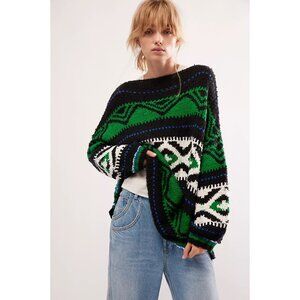 Free People Wrenly Tunic In Onyx Green Combo Size XS Pullover Knit Sweater